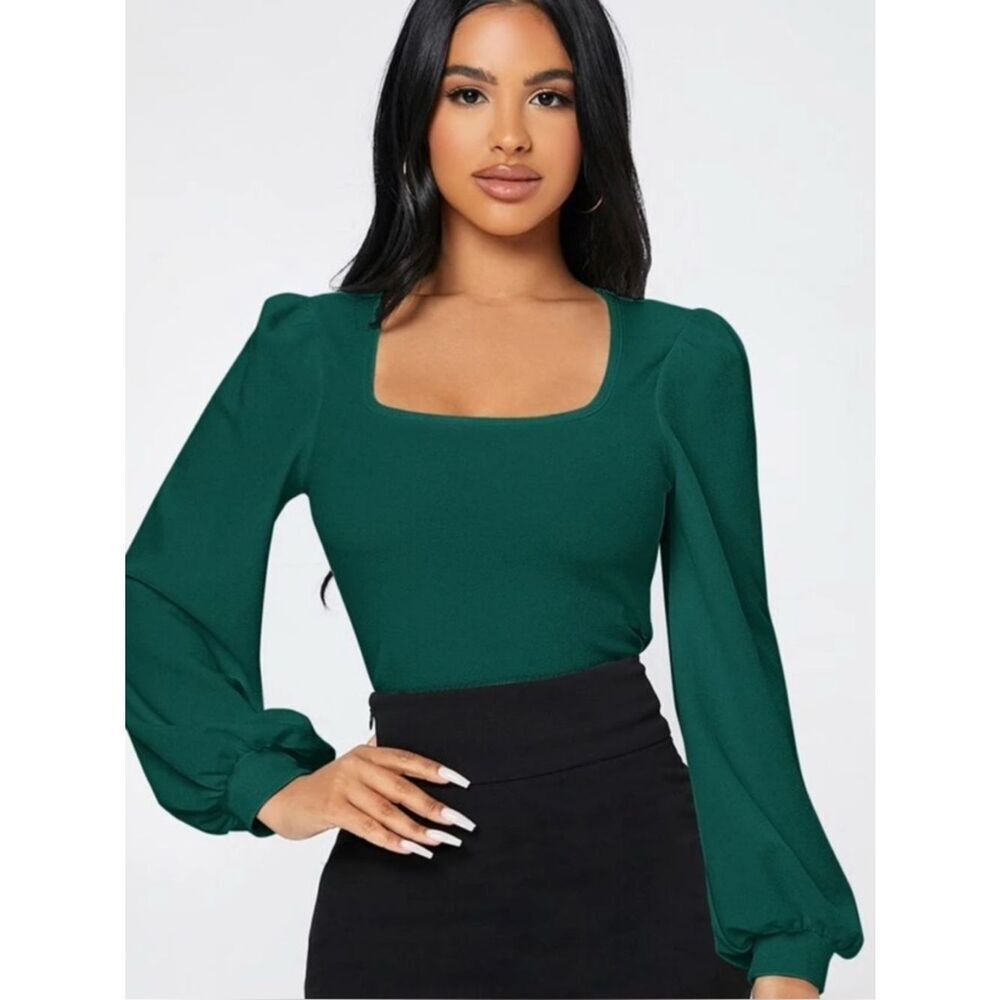 Dark Green Square Neck Lantern Long Sleeve, Petite 8/10